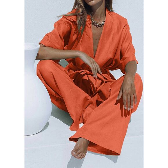 Oversized Linen Tied Two Piece Pants Set S Commense - Picture 1 of 2